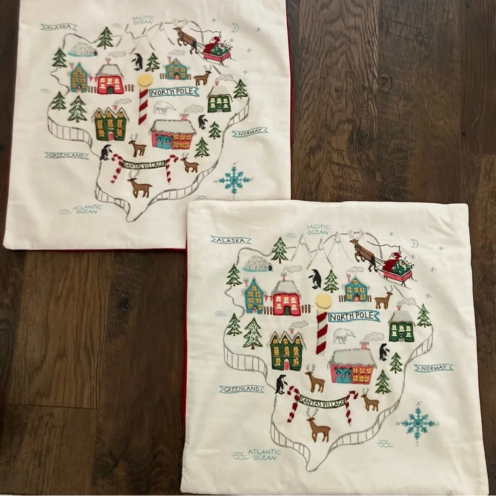 RARE Pottery Barn 20” Beaded Embroidered North Pole Map Set of 2 Pillow Cases